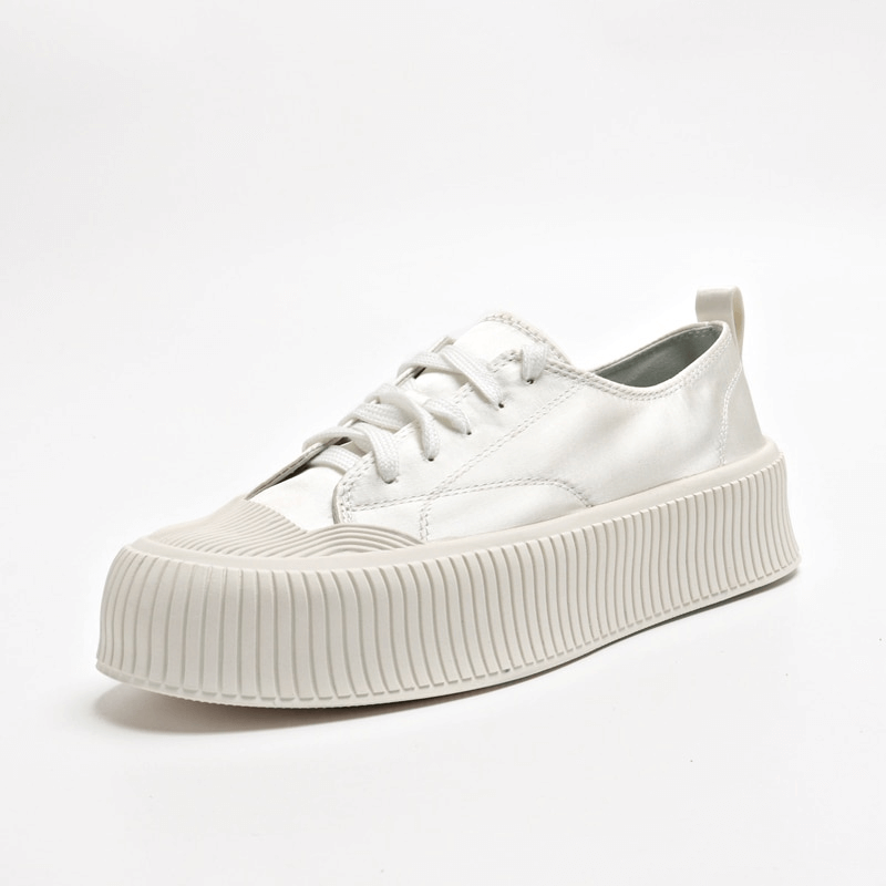 Women's white casual lace-up sports shoe with thick flat sole, SF1008, silk upper, and cotton lining for comfort and durability.